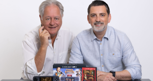 Blaze Entertainment Dominic Wheatley Chairman and Andrew Byatt CEO with Evercade EXP R console retail packaging and cartridge box Andrew Byatt and Dominic Wheatley on Evercade’s success and their retail plans for Blaze’s expanding line of retro consoles