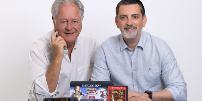 Blaze Entertainment Dominic Wheatley Chairman and Andrew Byatt CEO with Evercade EXP R console retail packaging and cartridge box Andrew Byatt and Dominic Wheatley on Evercade’s success and their retail plans for Blaze’s expanding line of retro consoles
